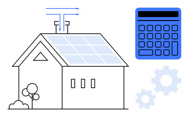 House with solar panels, arrows indicating energy flow, nearby calculator and gears. Ideal for renewable energy, eco-friendly living, energy efficiency, sustainability, home technology, cost