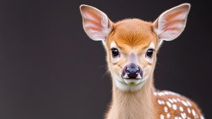 Obraz premium Fawn with large ears, natural wildlife style, sharp focus, portrait close-up, soft fur detail, alert posture, dark background, warm brown tones, ideal for nature publications.