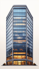 Obraz premium Tall modern office building with glass facade and warm lighting