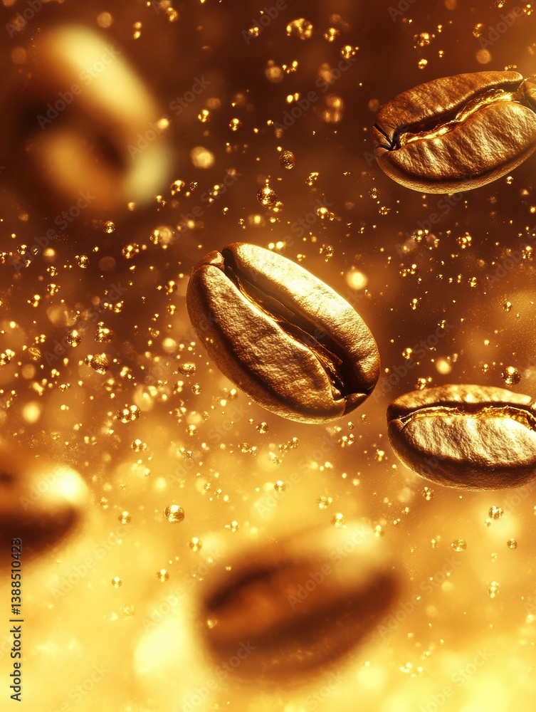 Poster experiencing the elegance of coffee beans morphing into golden droplets under soft glimmers of light