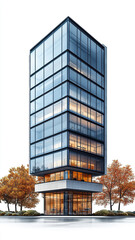 Fototapeta premium Modern glass office building with autumn trees, isolated on white