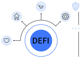 Circular DEFI node linked to icons for shopping, home, heart, settings, and shield. Ideal for finance, technology, innovation blockchain connectivity security decentralization. Flat simple