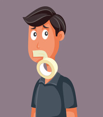 Man With Tape On His Mouth Is Keeping Secrets Vector Cartoon. Person unable to speak their truth due to censorship and limited rights 
