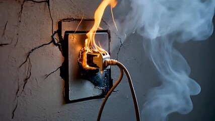Electrical socket fire with sparking plug and smoke against cracked wall