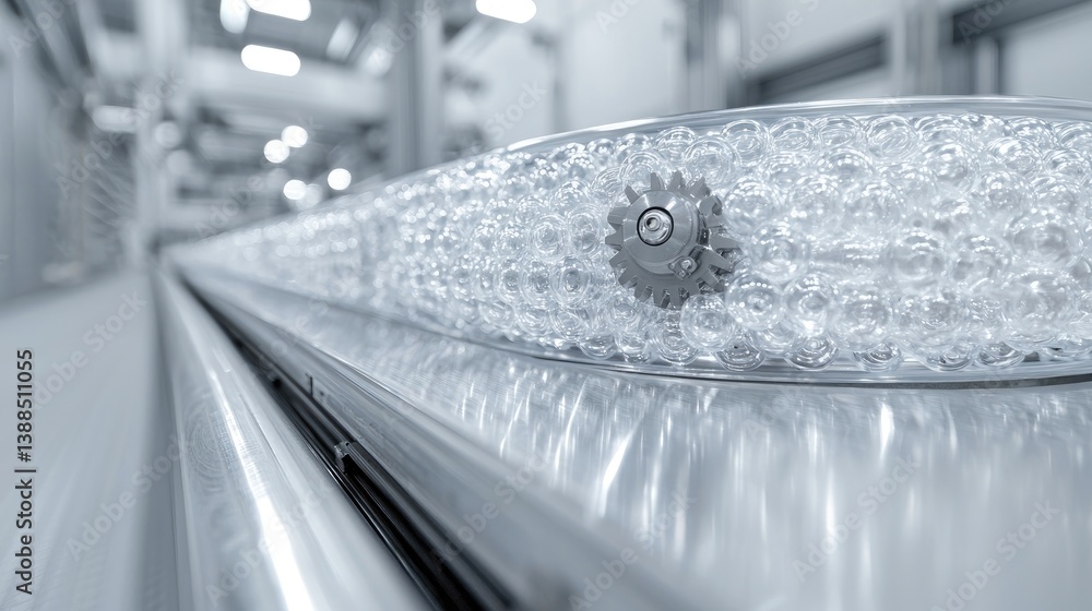Aufkleber automated production line with transparent, spherical components. conveyor belt system for precise, 