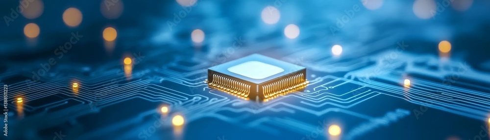 Poster illuminated computer chip on circuit board, a glimpse into modern technological innovation