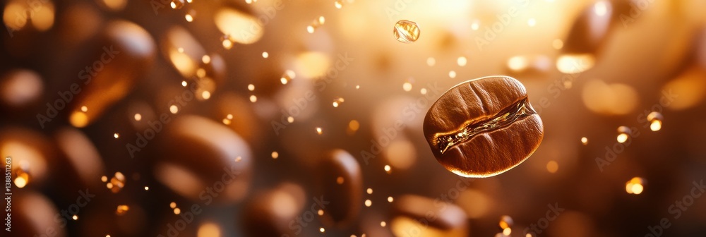 Poster coffee beans transformed into golden droplets create a luxurious abstract background with soft glowi