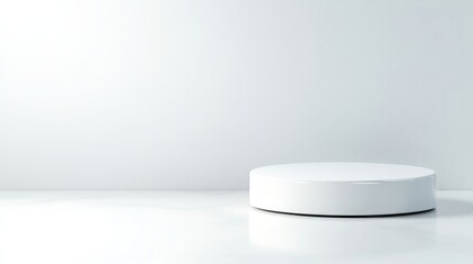 A clean, white cylindrical platform sits in a minimalist setting. The platform is centrally positioned against a plain white wall and floor. The image is high-quality with soft, even lighting. The st