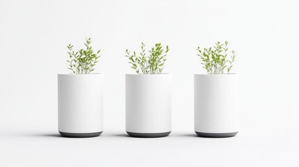Fototapeta premium Three small plants sprout from white cylindrical pots. The pots sit on a white surface, evenly spaced. The image is clean and minimalist, with bright lighting. The style is simple and modern. Muted