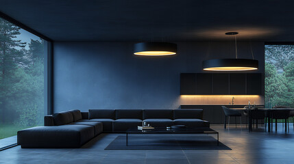 realistic photography, modern, architecture, residential, living room, rich, mode, sophisticated, simple, minimalist, concrete, wall, detached house, clean, natural, harmony, beautiful, metal, subtle 