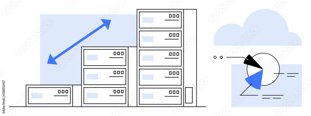 Poster server stacks growing in size next to an analytic chart icon under a cloud symbol. ideal for cloud c