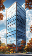 tall office building with reflective glass windows stands amidst autumn trees