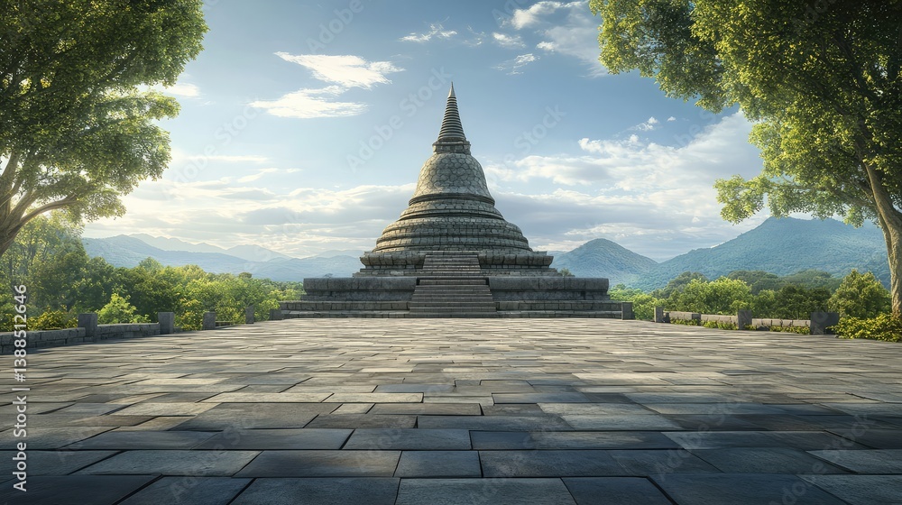 Poster a large buddhist stupa with an empty stone courtyard, surrounded by trees and calm landscape with ro