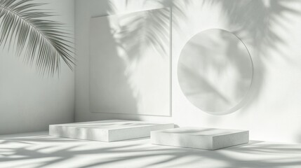 White Minimalist Display Podiums with Tropical Shadow