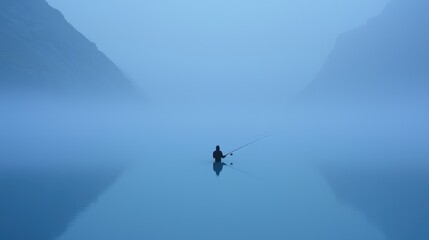 Misty lake, solitary fisherman.  A tranquil scene of a fisherman in a serene, foggy mountain lake