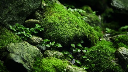 Fototapeta premium Lush green velvety damp moss clinging to rocks