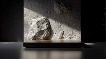 Minimalist, modern display podium with textured stone wall. Sunlight casts shadows on the surface
