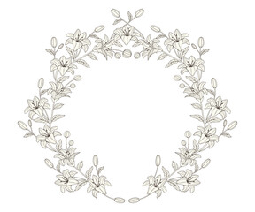 Circle frame with flowers. Hand drawn silhouette of botanical leaves. Decorations for wedding card.Tattoo outline. Branches. Line art. Wreaths. Clip art vector. Elements and borders. Isolated. Luxury