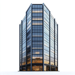 Obraz premium Tall office building with glass facade on white background. Modern architecture