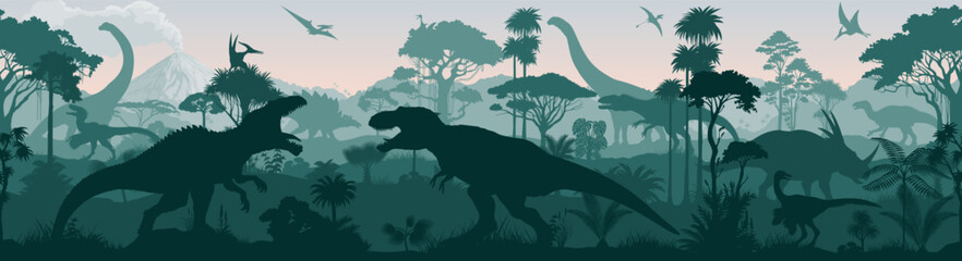 Seamless vector tropical forest with Giganotosaurus, Stegosaurus, Tyrannosaurus, Gallimimus, Neovenator, styracosaurus, iguanodon, pyroraptor, Patagotitan, Brachiosaurus and pterodactyl