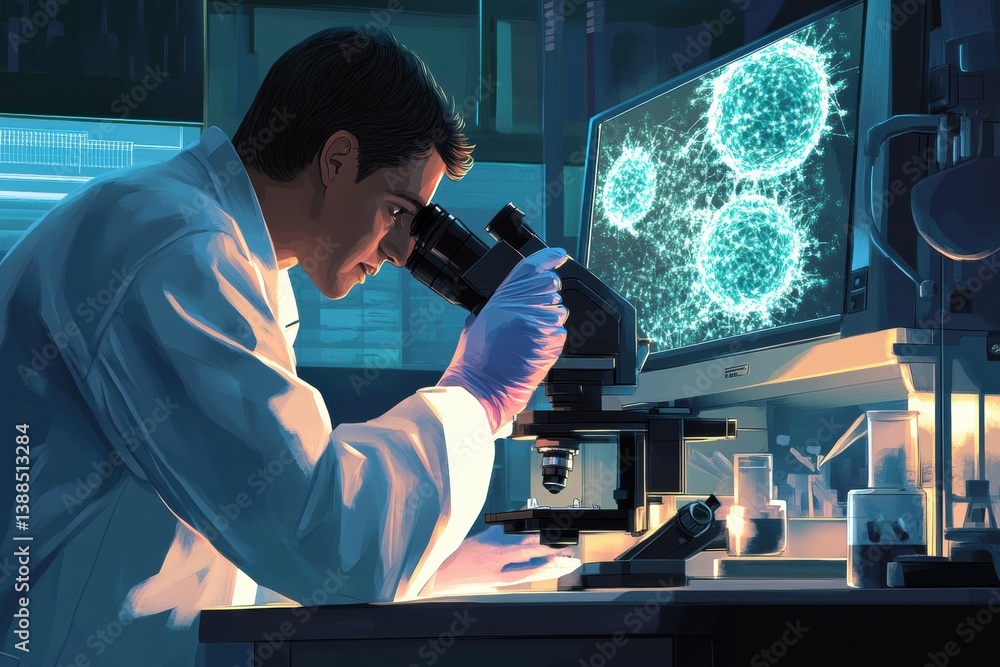 Leinwandbilder scientist investigates virus structure with magnifying glass in modern laboratory setting during a r