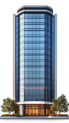 Obraz premium tall, modern office building with glass facade and trees in front