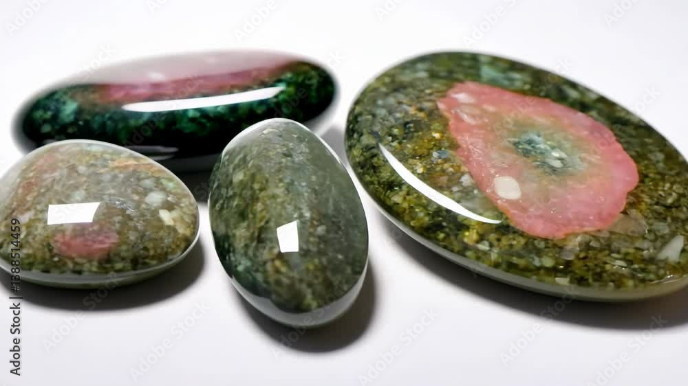 Poster four polished unakite stones with green and pink patterns on a white background. mineral texture mac