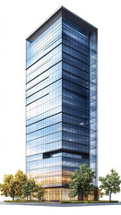 Obraz premium Tall office building with glass facade and trees at base