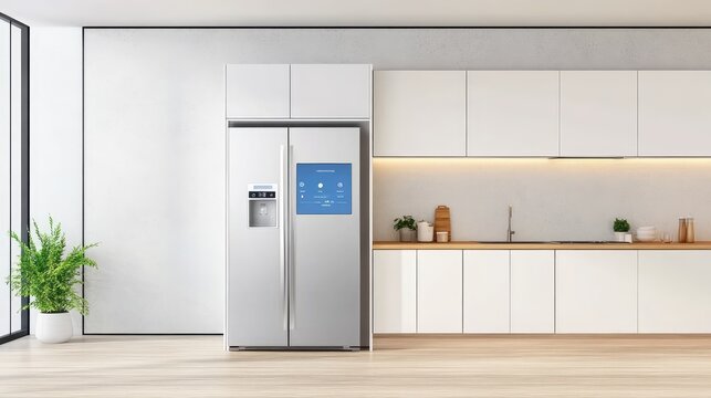 Blank smart fridge touchscreen panel in modern kitchen, home tech appliance with empty interface