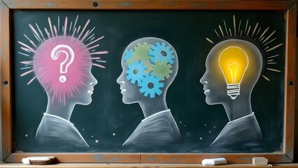 "Vintage cracked chalkboard shows heads with dynamic questions, transparent gears, glowing bulbs connected by vibrating arrows with authentic chalk residue details."