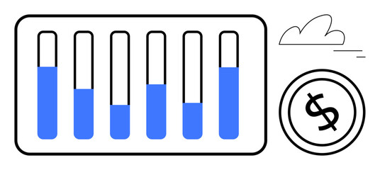 Bar chart with varying blue levels, dollar sign coin, cloud, and lines suggesting financial progress. Ideal for finance, investment, analytics, profit economy data growth. Flat simple metaphor