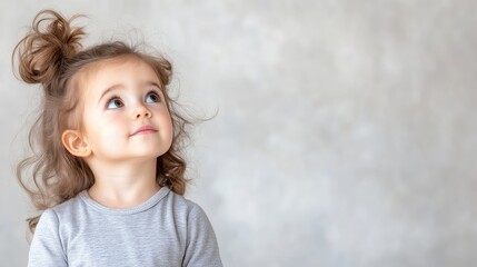 A toddler girl with brown, curly hair in two topknots looks upward. She wears a light gray long-sleeved shirt. The background is a blurred gray wall. The photo is well-lit, high-resolution, and featu