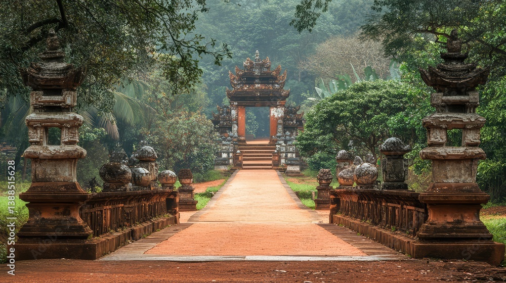 Poster empty pathway leading to temple gate, flanked by stone lanterns and surrounded by trees, calm settin