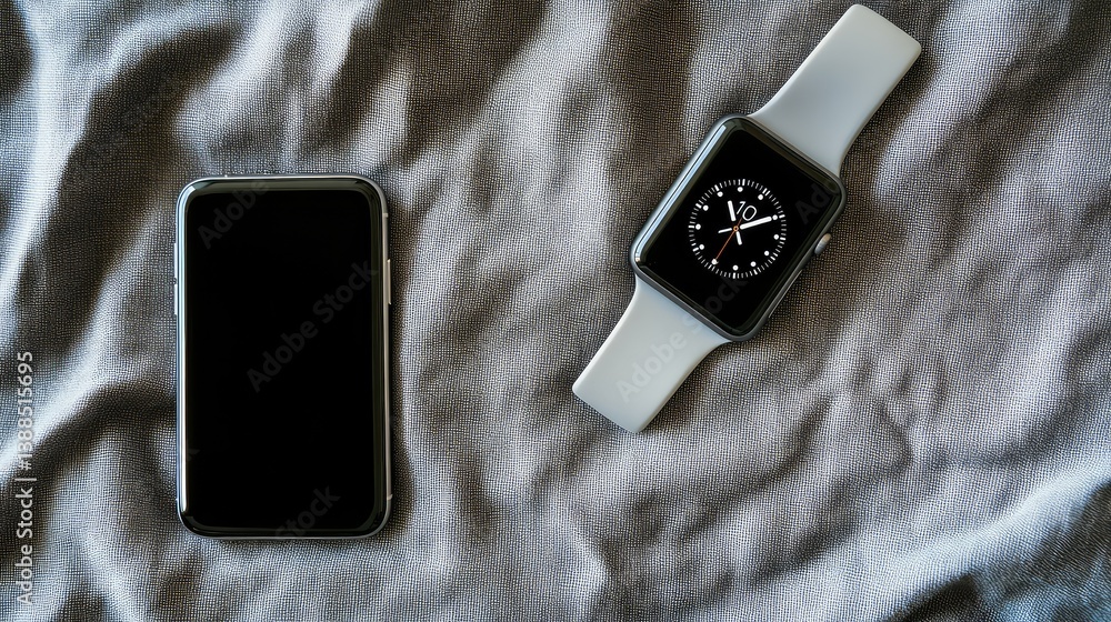 Poster flat lay of phone and smartwatch on gray fabric surface, top view of wearable and mobile tech with c