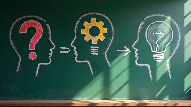 "Organic chalkboard art shows crayon questions, sketchy gears, imperfect bulbs connected by hand-drawn arrows with intentional smudges and one perfect circle contrast."