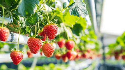 Mechanical arms harvesting vertical farm grown strawberries in an advanced agri tech facility, precision robotic pickers gently handling ripe fruit, Sustainable agriculture style
