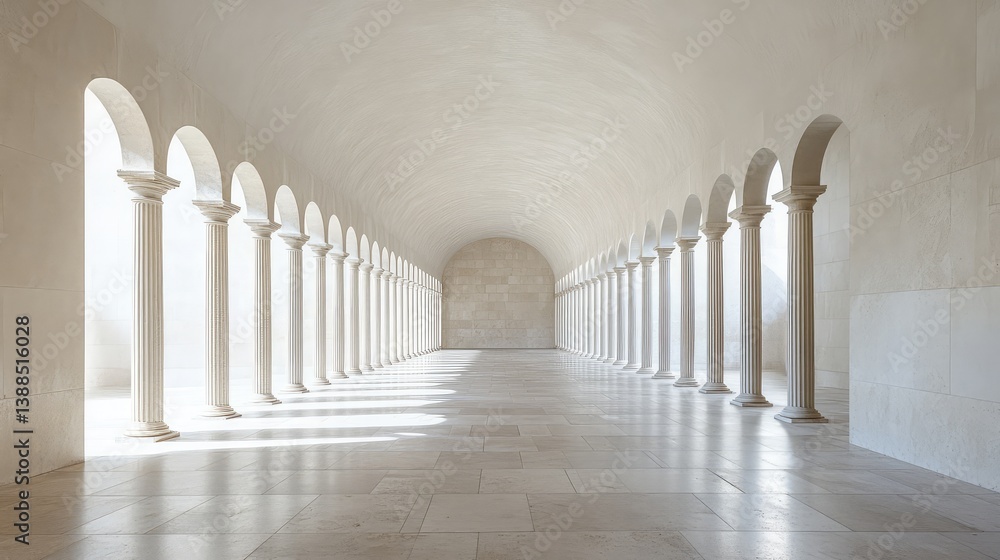 Poster interior of temple hall with aligned columns and symmetrical perspective, minimal dcor and copy spac