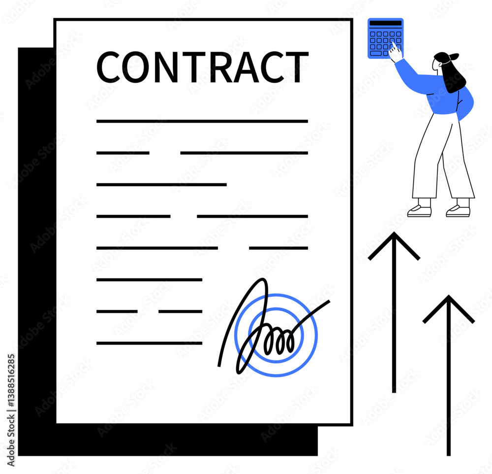 Poster signed contract document with upward arrows symbolizing growth and a person calculating finances. id