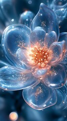 Luminous Translucent Flower with Sparkling Details on a Soft Blue Background

