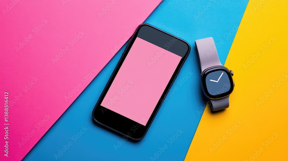 Aufkleber phone and smartwatch on vibrant background with stylized shadows, creative digital tech layout with 