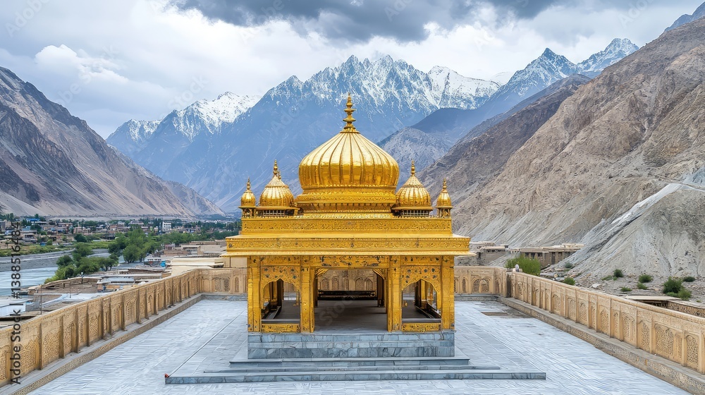 Poster rooftop view of a golden temple complex with layered architecture and mountain backdrop, calm open s