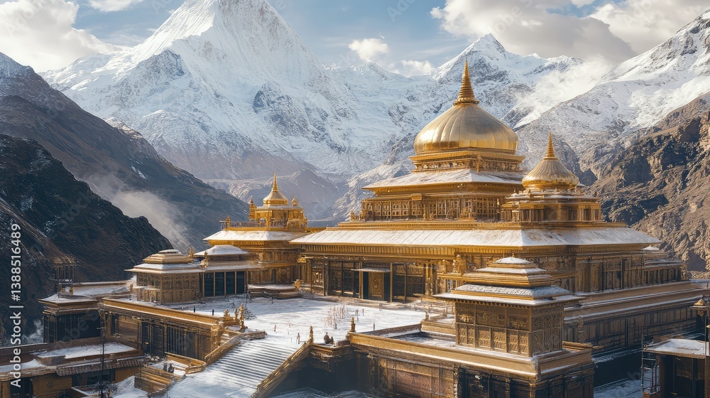 Poster rooftop view of a golden temple complex with layered architecture and mountain backdrop, calm open s