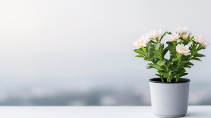 Fototapeta premium A potted flowering plant with delicate white blossoms sitting on a white surface, soft focus background with natural light, and minimalist indoor decor concept.
