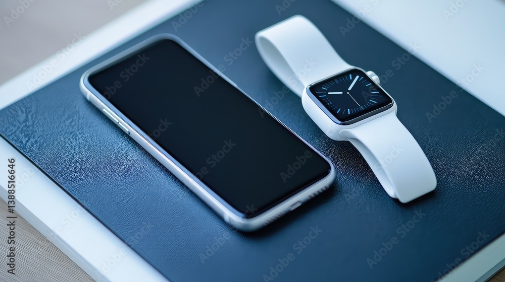 Poster sleek smartphone and smartwatch resting on black notebook, productivity tech concept with blank ui s