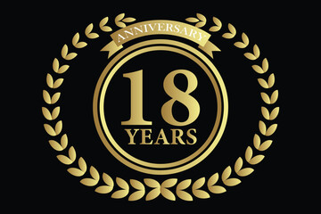18 years anniversary icon with laurel wreath and number, vector illustration.
