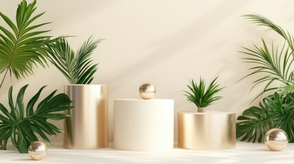 Minimalist podium display with tropical plants, product presentation, light and shadow