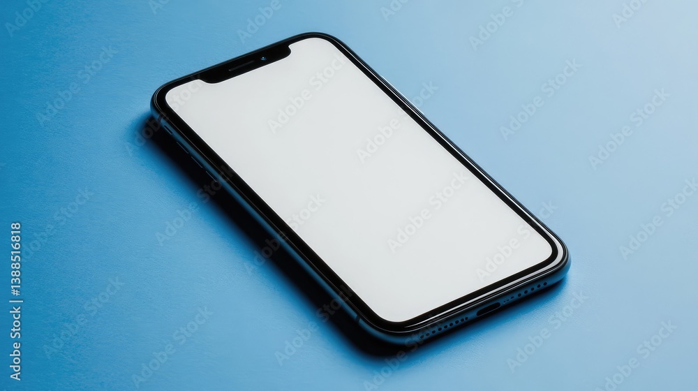 Poster smartphone with blank screen on gradient blue background with minimal shadows, sleek and professiona