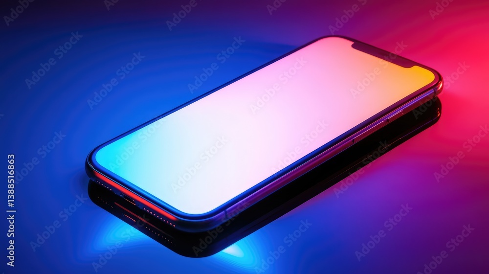Poster smartphone with blank screen on mirror surface with reflection and gradient light, stylish tech aest