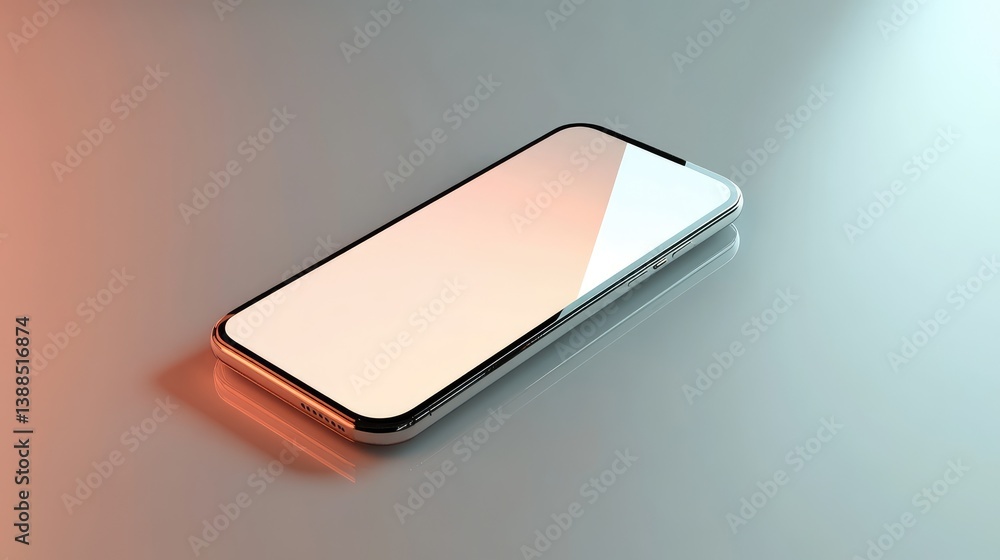 Poster smartphone with blank screen on mirror surface with reflection and gradient light, stylish tech aest