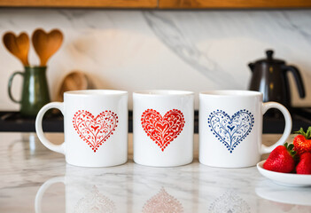 pair of mugs with matching heart designs on kitchen counter steam rising cozy morning vibe